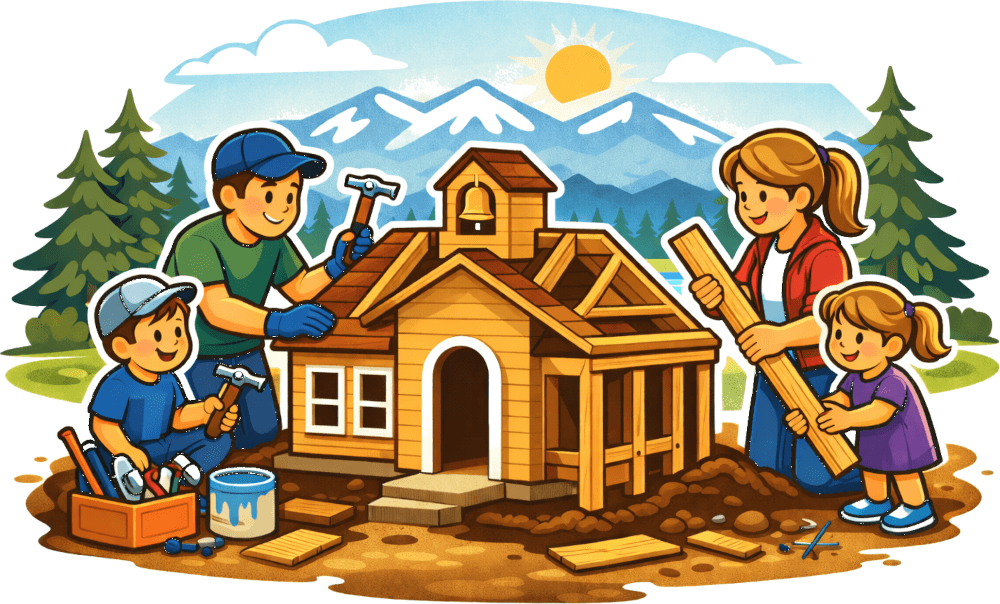 Steve and Ashley Nichols building the school with their children